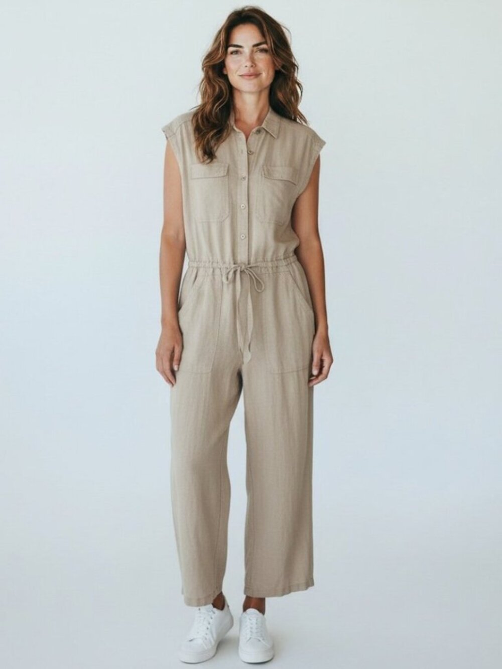 Universal Thread Jumpsuit Size 14 Beige Linen Blend Tie Waist Wide Leg